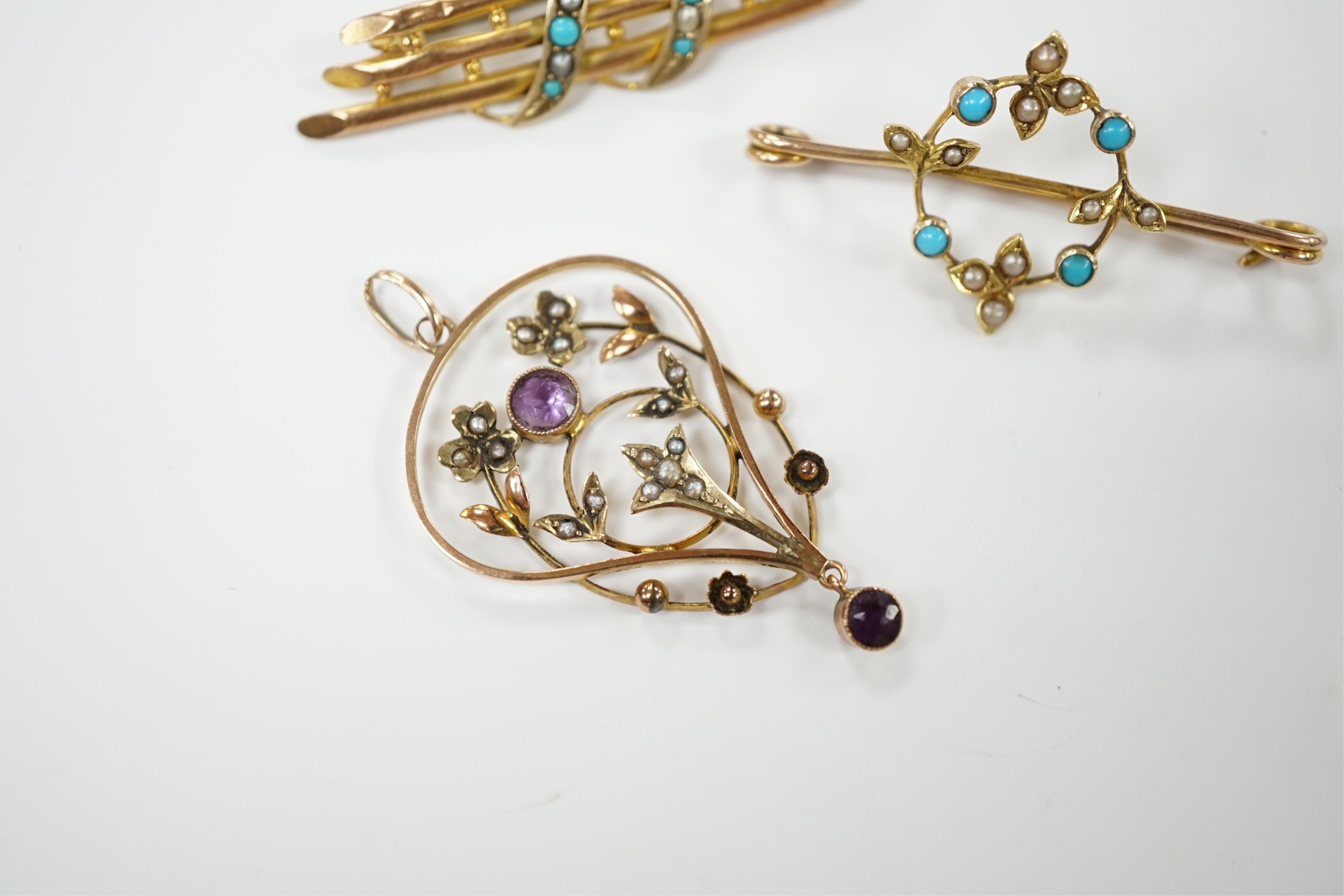An Edwardian 15ct, turquoise and seed pearl set brooch, 38mm, one other similar yellow metal brooch and a 9ct, amethyst and seed pearl set drop pendant, gross 6.8 grams. Condition - poor to fair